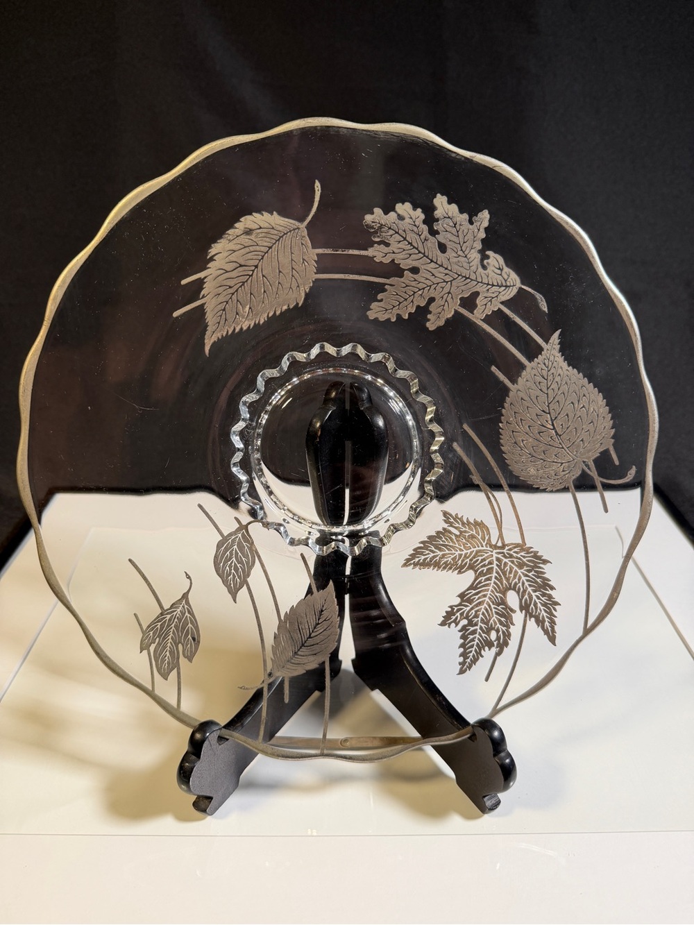 Vintage Silver City Glass Cake Stand Forest Leaf Sterling Overlay, MCM Serveware
